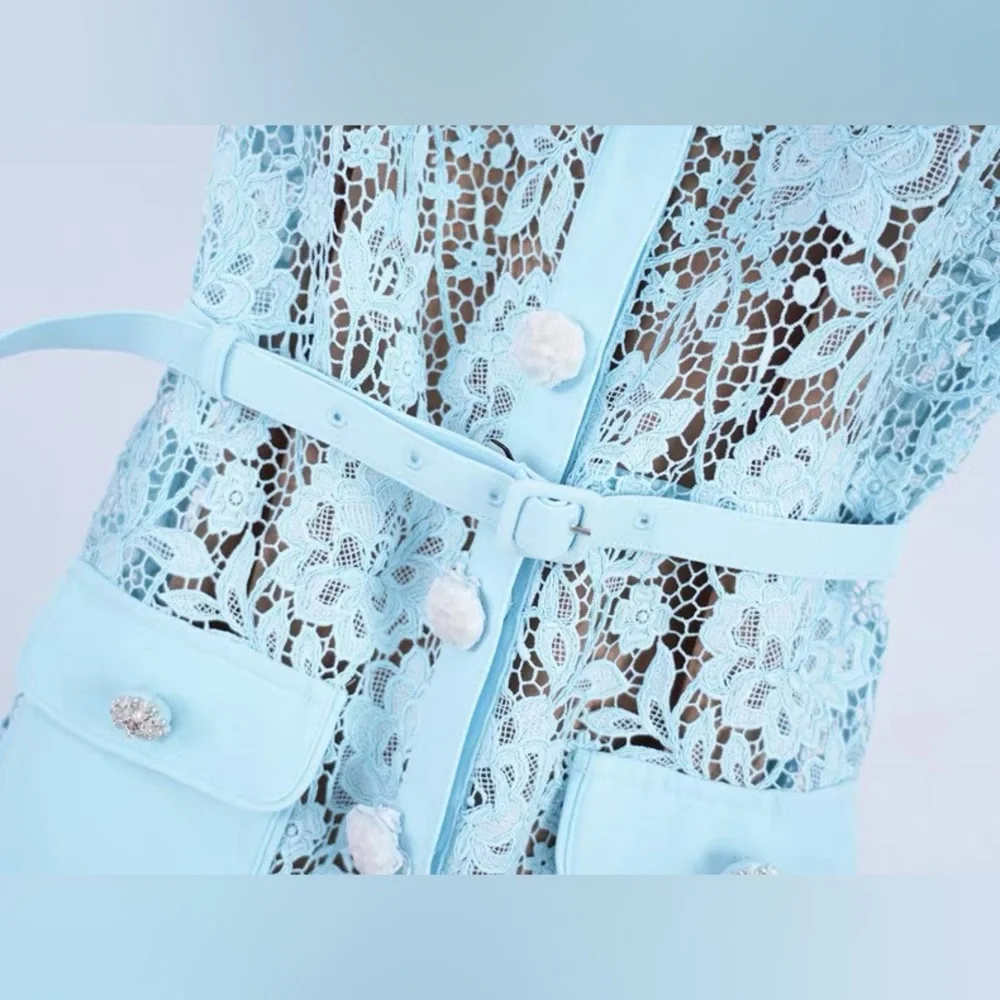 Self-Portrait Blue Lace Embellished Buttons Belted Mini Dress UK8/US4 NWOT - Picture 7 of 11